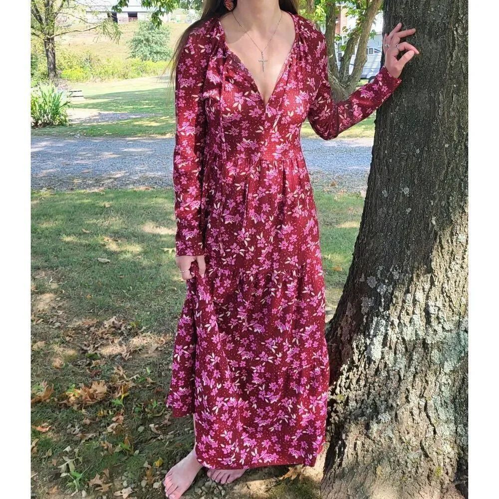 Free People Tiers Of Joy Maxi Dress Women's Medium Plum Burgundy Floral Prairie